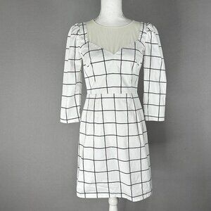 Milly Womens Dress 6 White Windowpane Check Mesh V-Neck Shift‎ Cocktail Retro